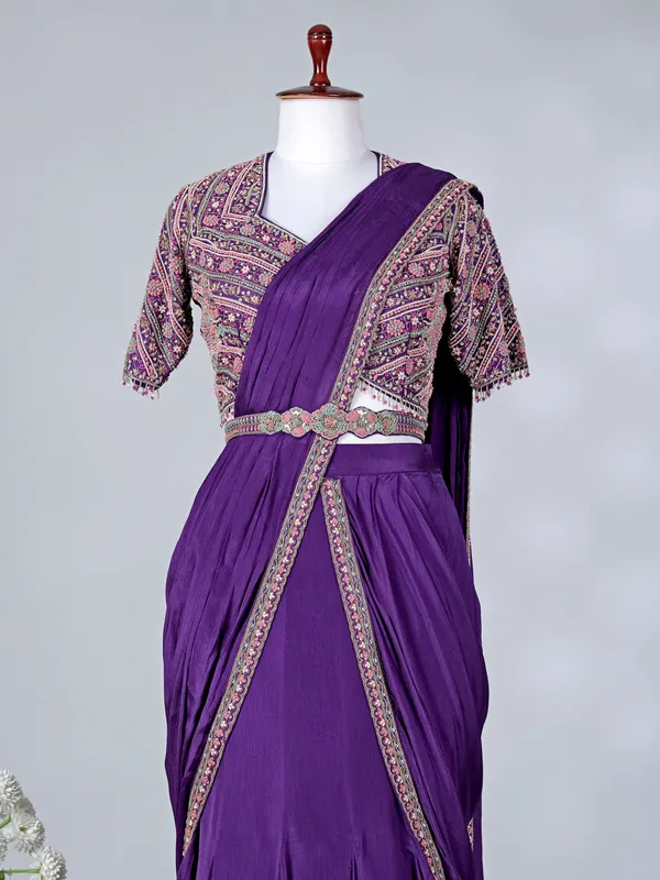 Purple chiffon silk V neck designer lehenga choli