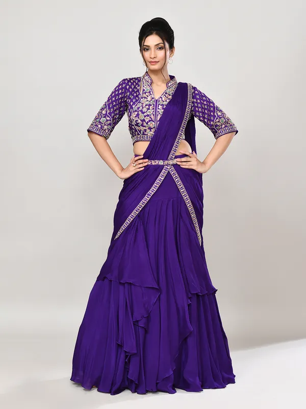 Purple chiffon zardosi embellished lehenga choli