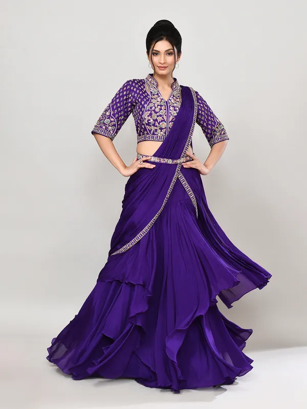 Purple chiffon zardosi embellished lehenga choli