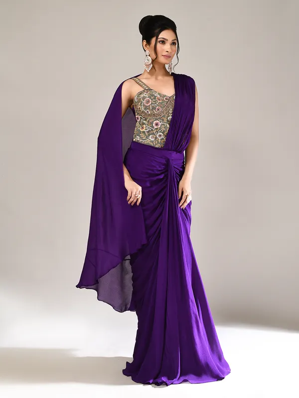 Purple chiffon zardosi work indo western suit