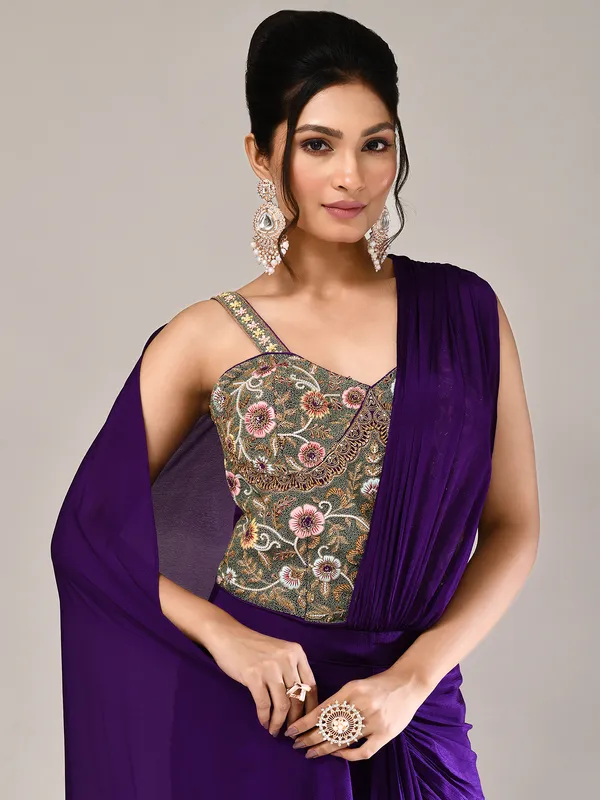 Purple chiffon zardosi work indo western suit