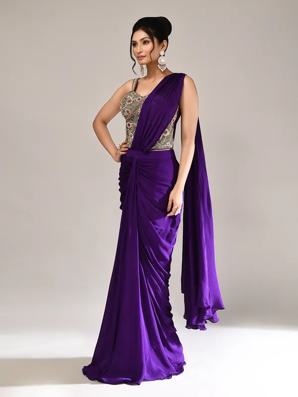 Purple chiffon zardosi work indo western suit