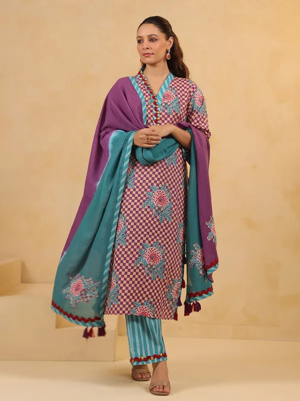 Purple coin work kurti set in silk