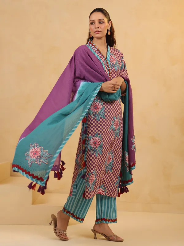 Purple coin work kurti set in silk