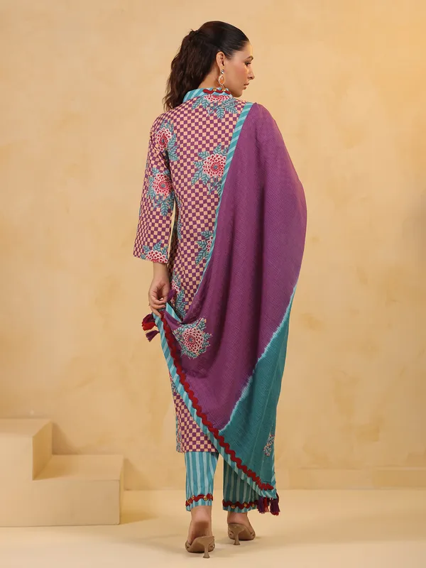 Purple coin work kurti set in silk