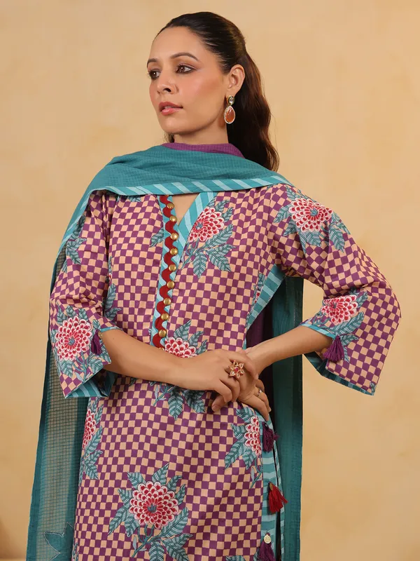 Purple coin work kurti set in silk