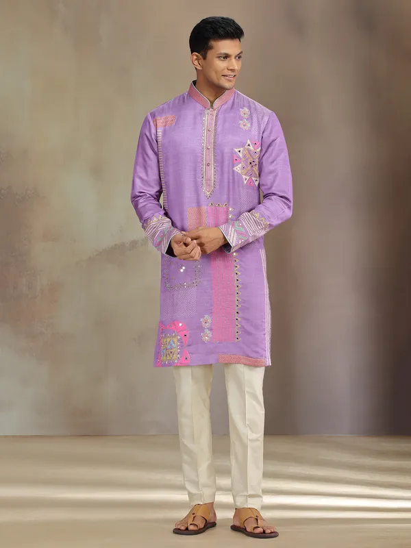 Purple silk kurta suit with aabla and resham work