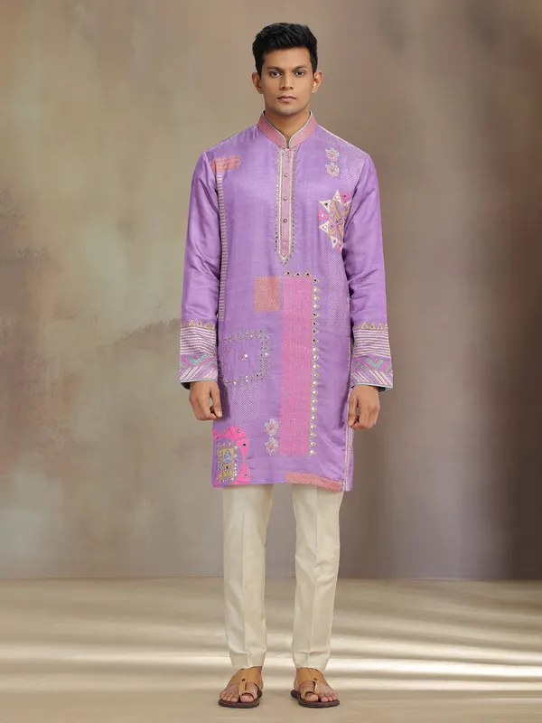 Purple silk kurta suit with aabla and resham work