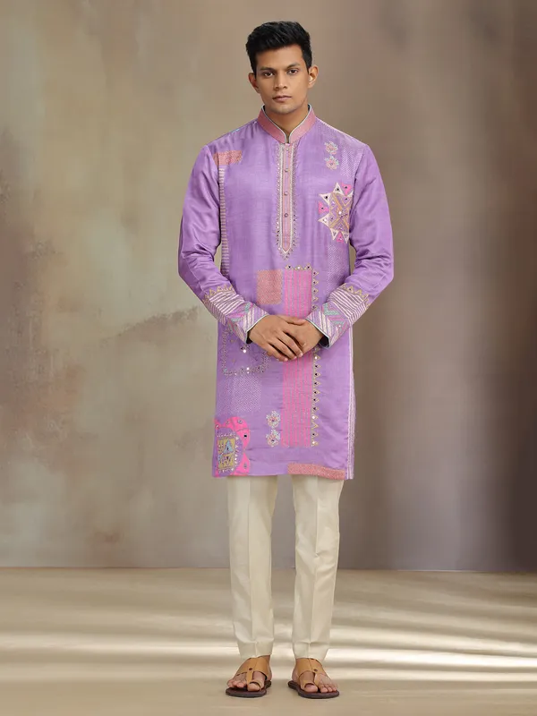 Purple silk kurta suit with aabla and resham work