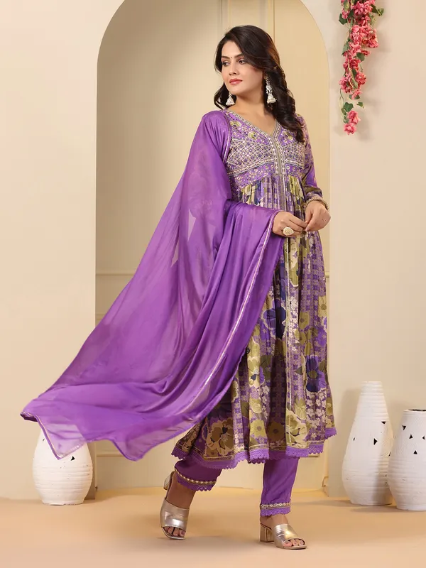Purple cotton kurti set with dupatta