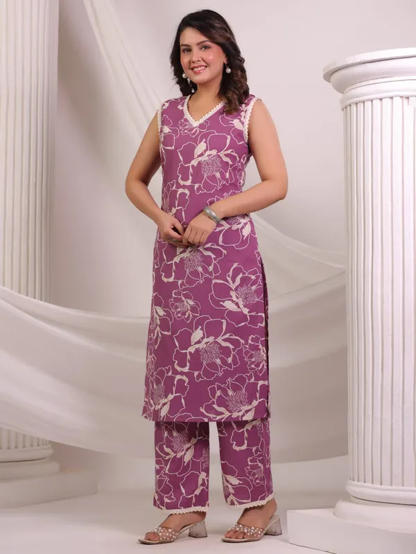 Purple cotton kurti set with print