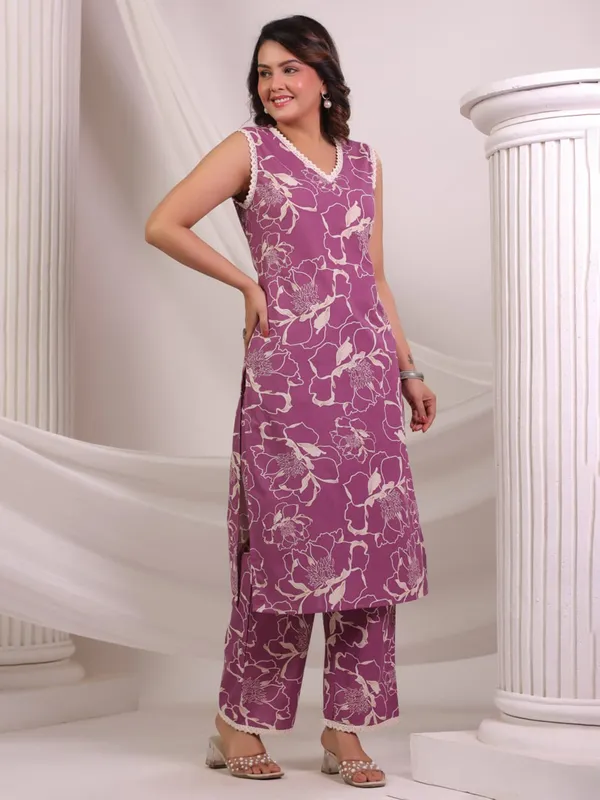 Purple cotton kurti set with print