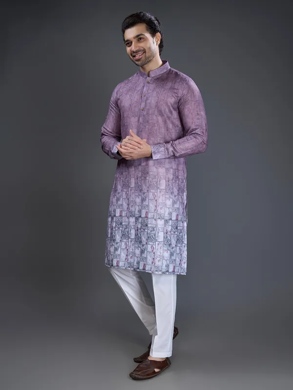 Purple cotton printed kurta pajama for mens