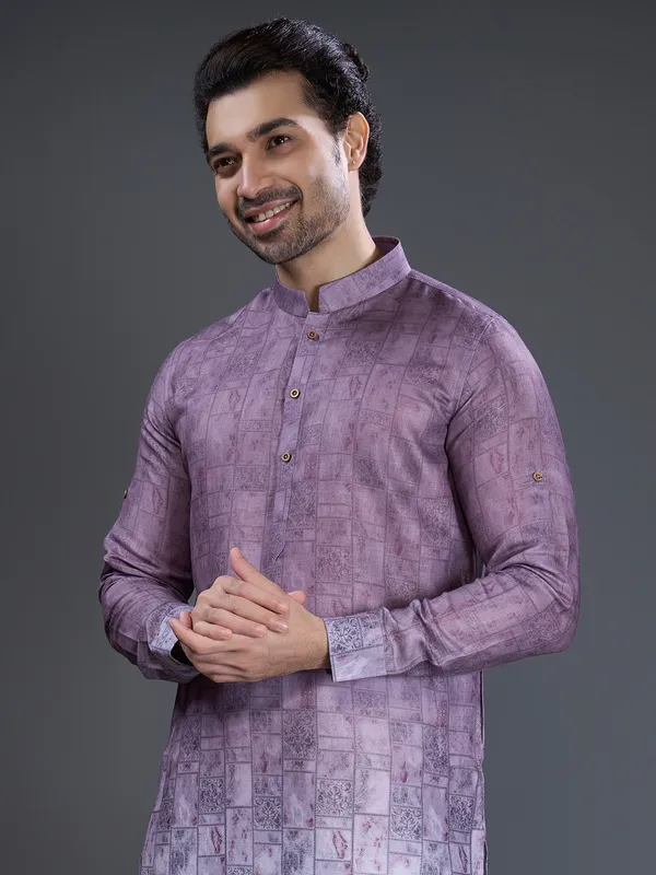 Purple cotton printed kurta pajama for mens