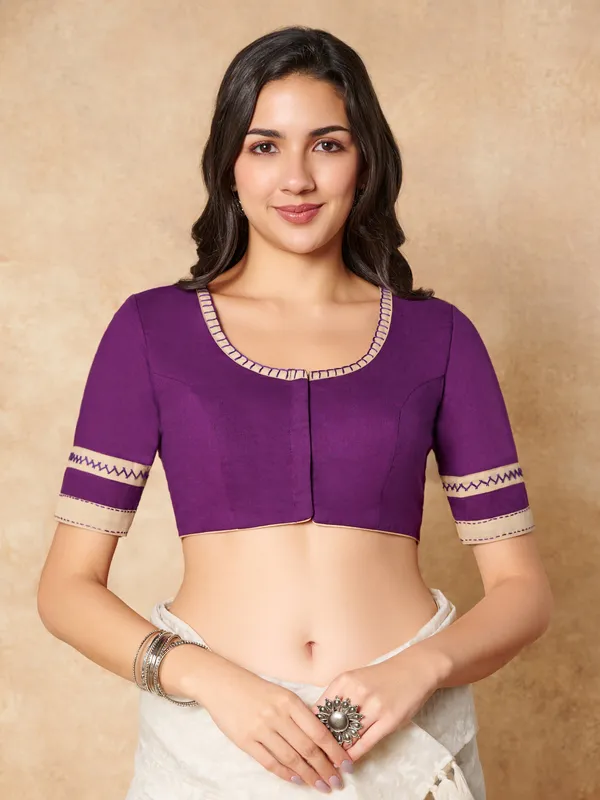 Purple cotton round neck ready made blouse