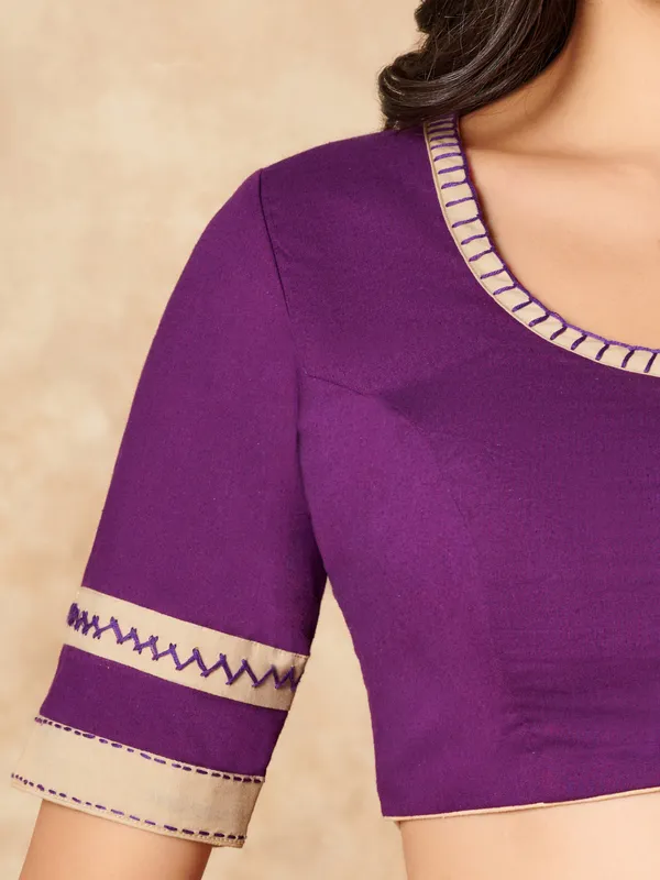 Purple cotton round neck ready made blouse