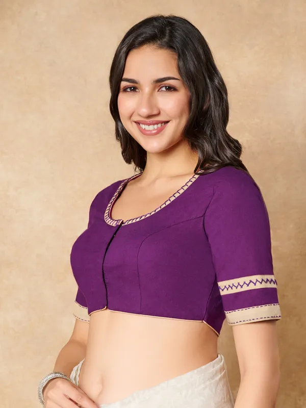 Purple cotton round neck ready made blouse
