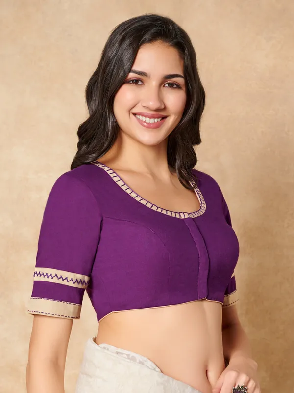 Purple cotton round neck ready made blouse