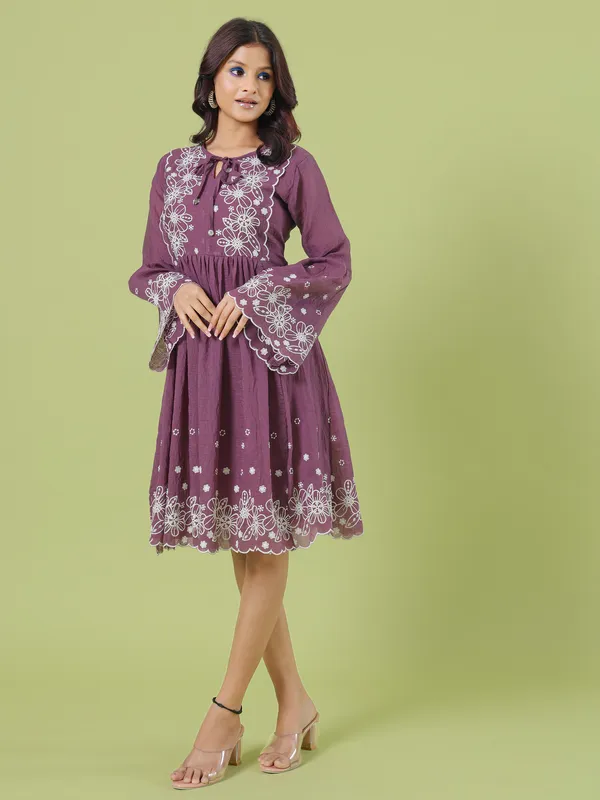 Purple cotton short embroidery kurti
