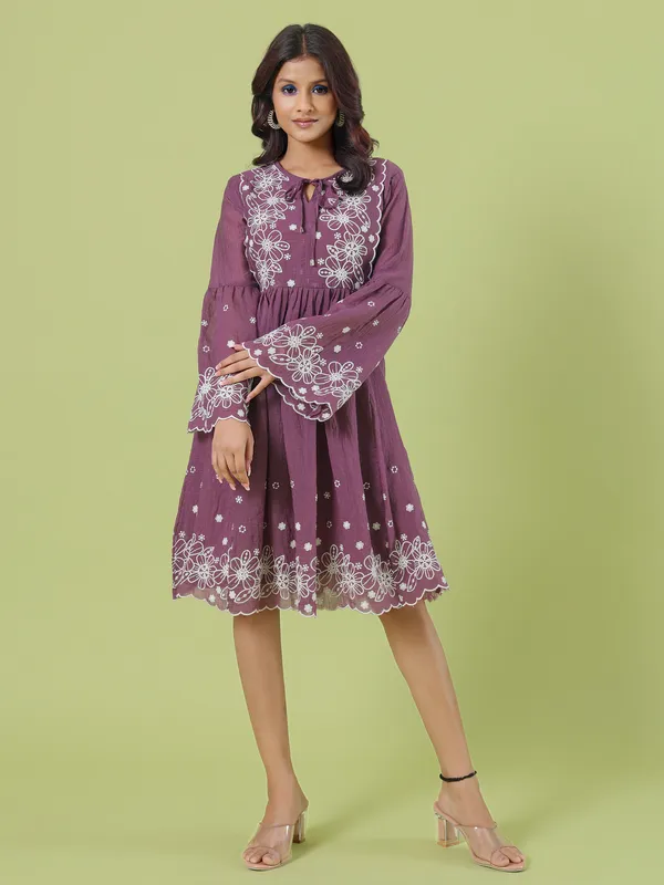 Purple cotton short embroidery kurti