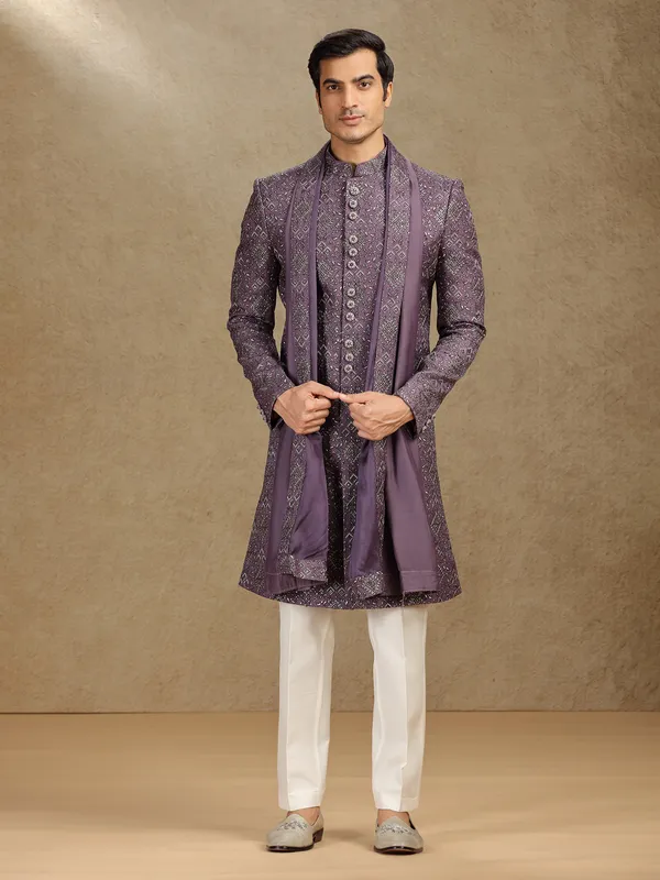 Purple cotton silk indo western with dupatta