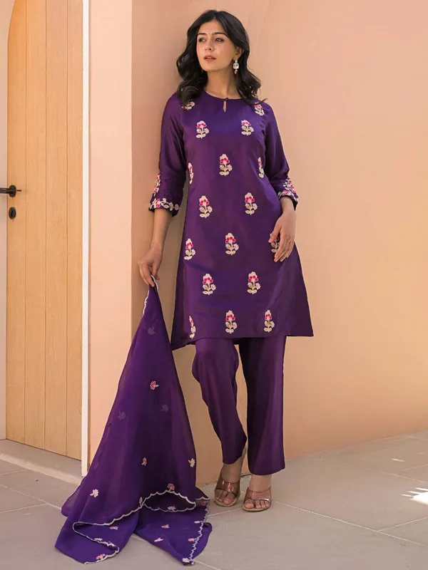 Purple cotton silk kurti set for women