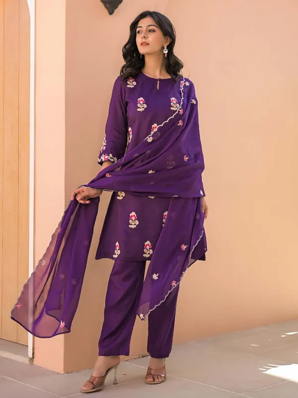 Purple cotton silk kurti set for women
