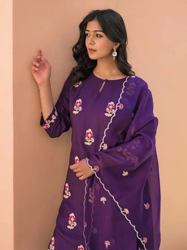 Purple cotton silk kurti set for women