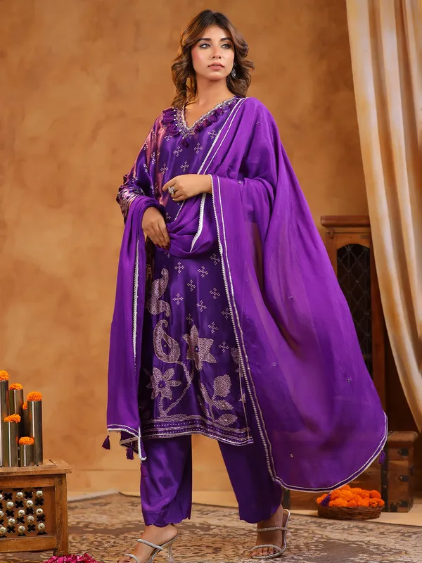 Purple cotton silk kurti set with print