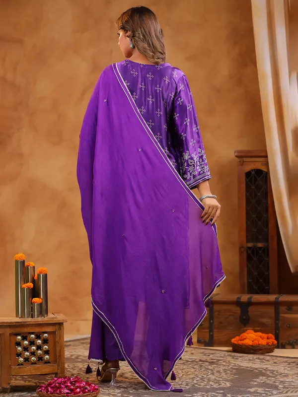 Purple cotton silk kurti set with print