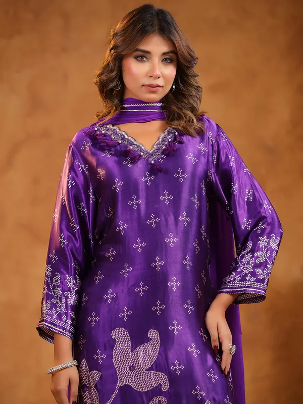 Purple cotton silk kurti set with print