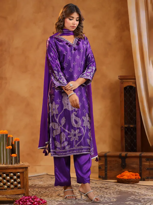 Purple cotton silk kurti set with print