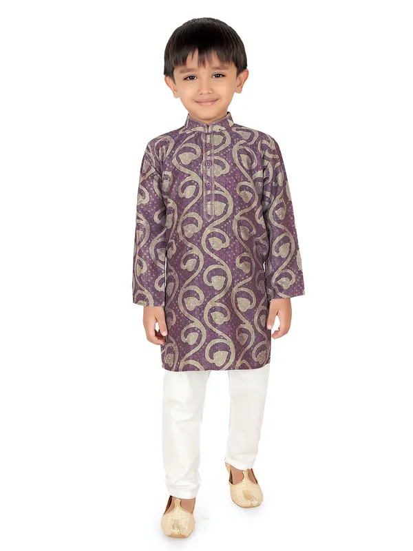 Purple cotton silk printed festive kurta suit