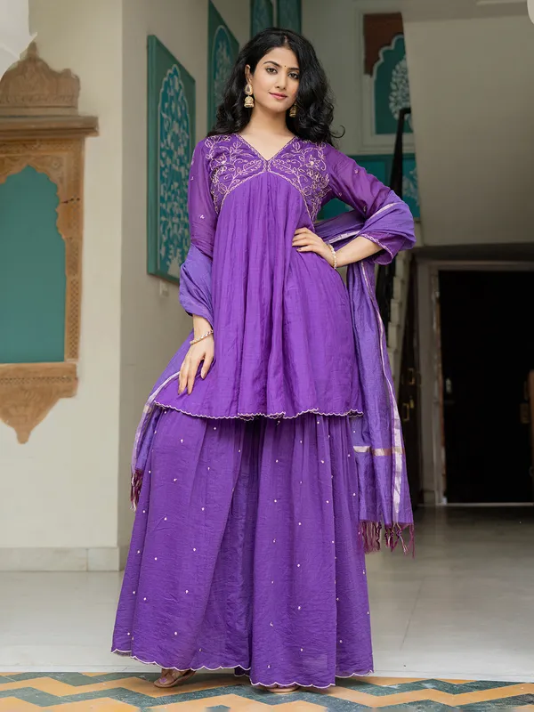 Purple cotton silk sharara kurti set with dupatta