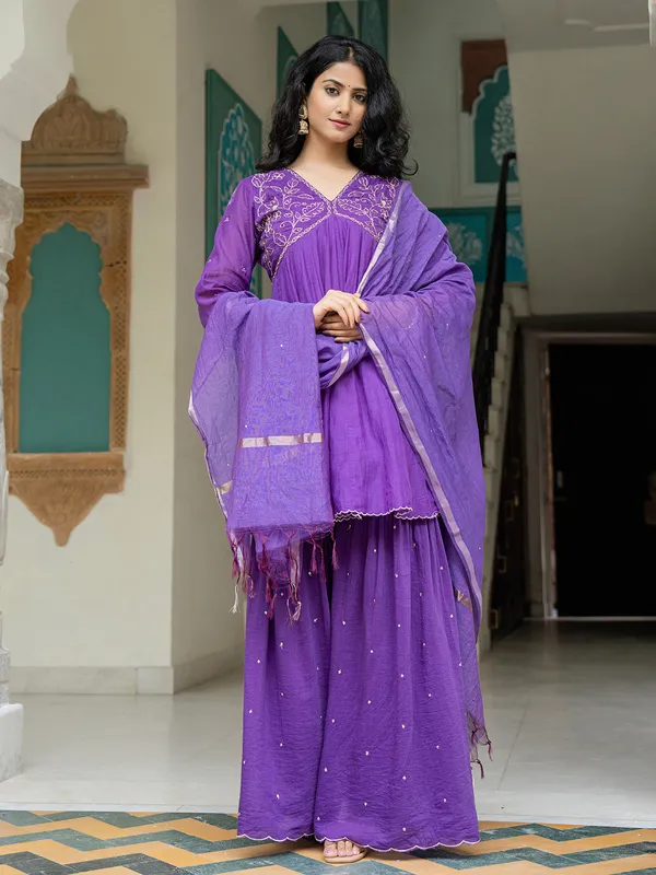 Purple cotton silk sharara kurti set with dupatta