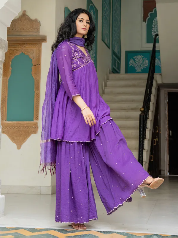 Purple cotton silk sharara kurti set with dupatta