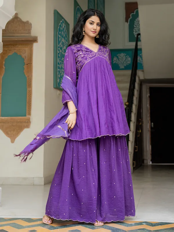 Purple cotton silk sharara kurti set with dupatta