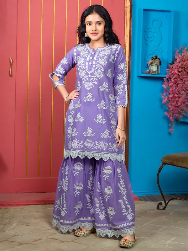 Purple cotton silk sharara suit for girls