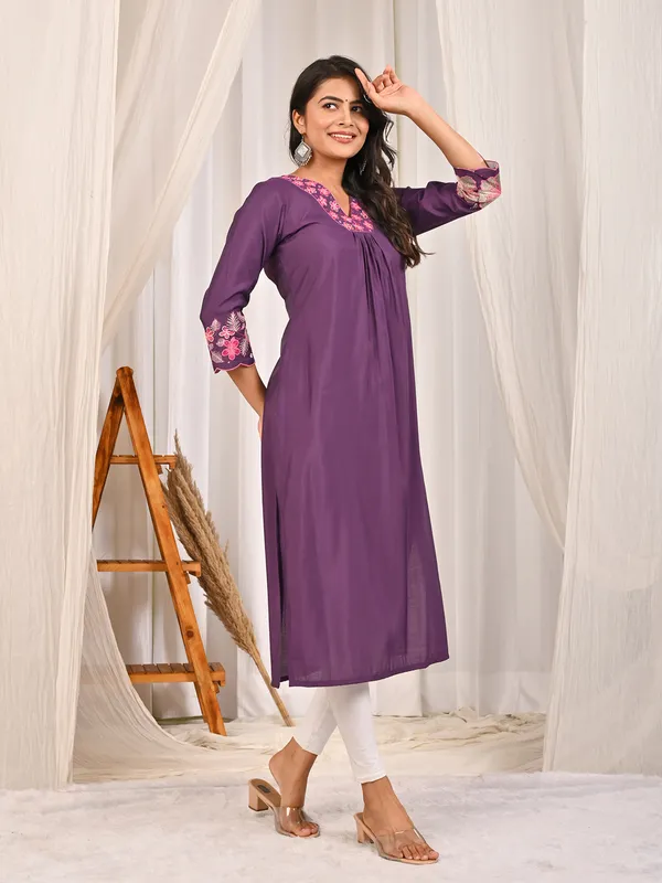 Purple cotton silk V neck casual kurti