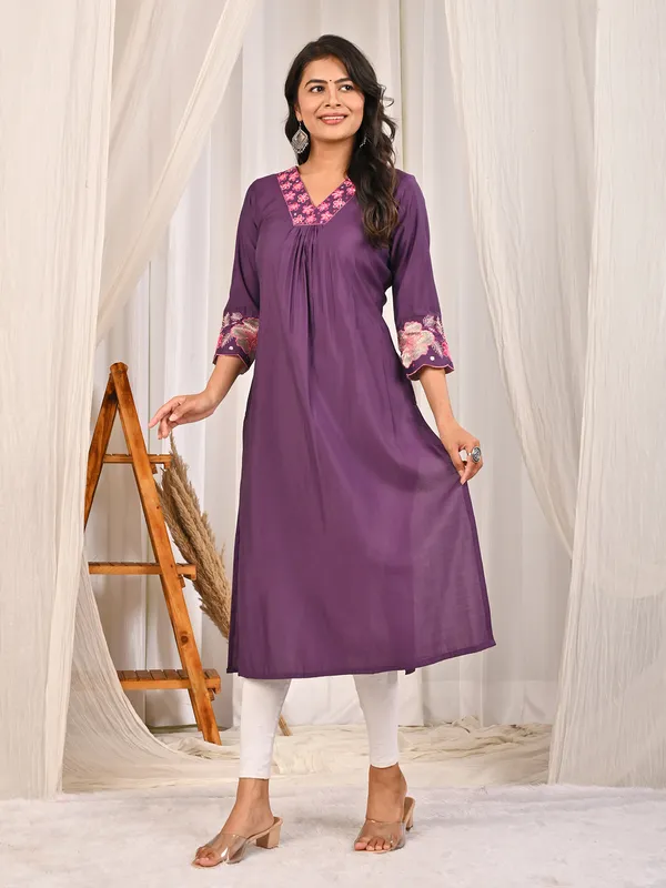 Purple cotton silk V neck casual kurti
