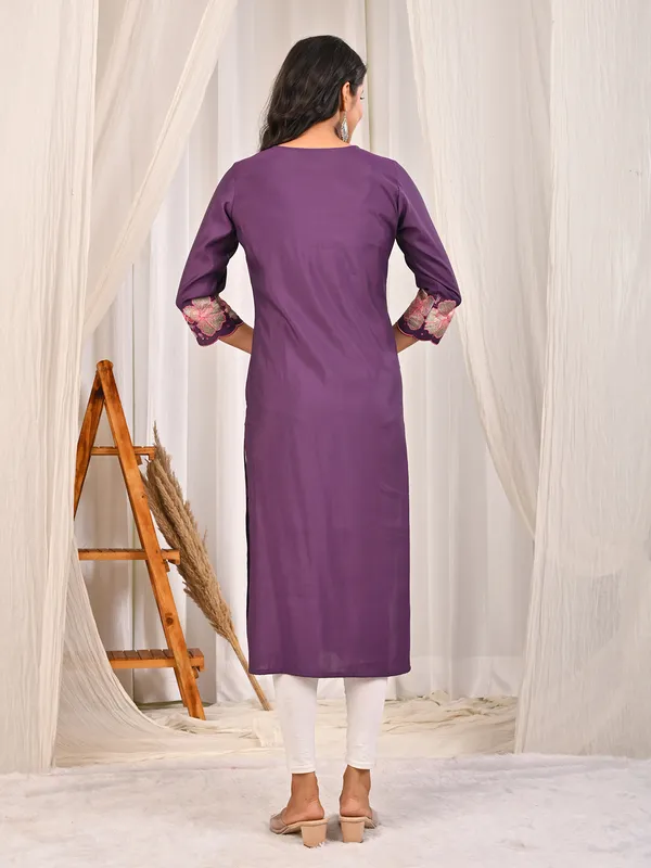 Purple cotton silk V neck casual kurti