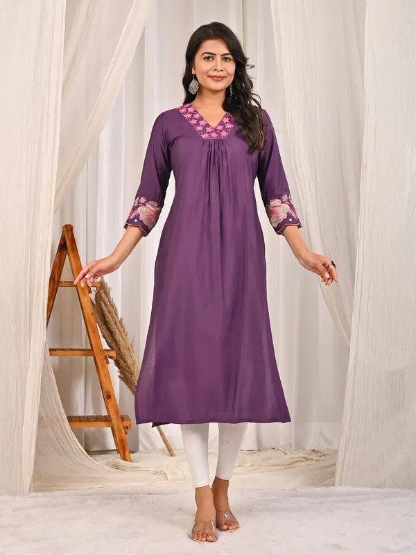 Purple cotton silk V neck casual kurti