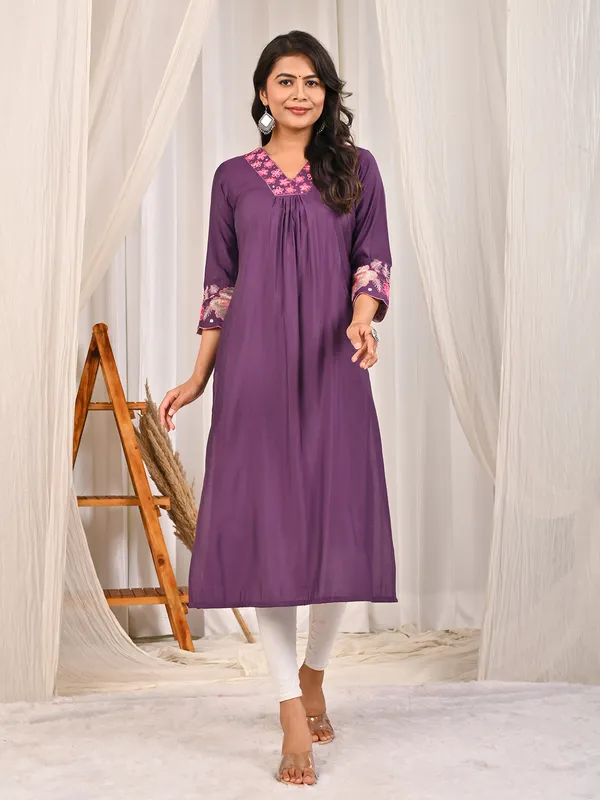 Purple cotton silk V neck casual kurti