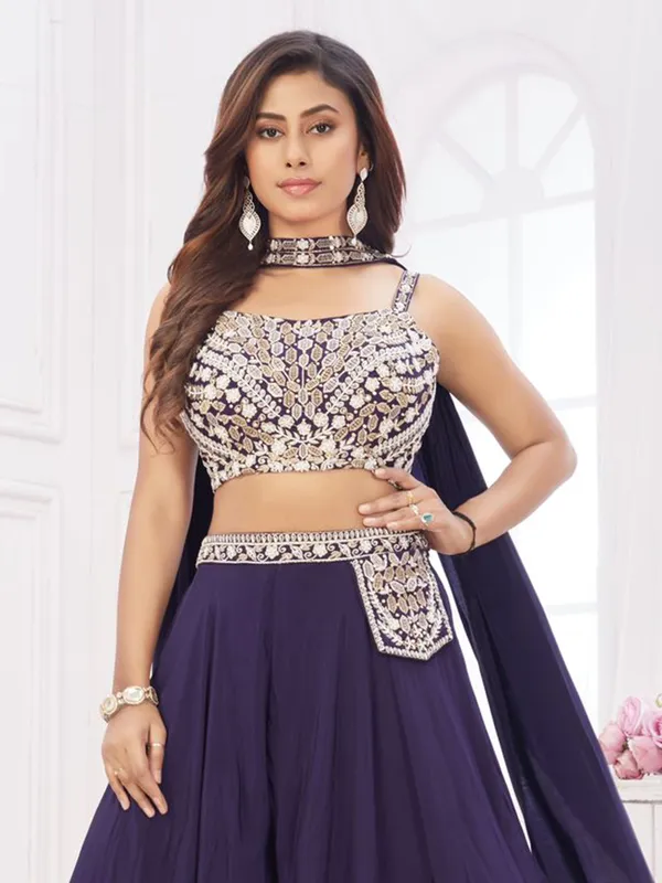 Purple crop top style palazzo suit with dupatta