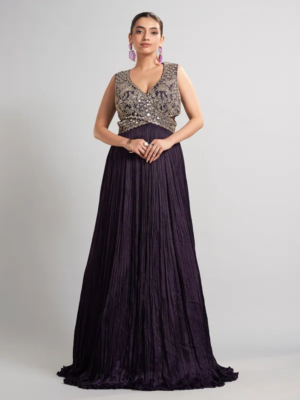 Purple designer floor length silk suit