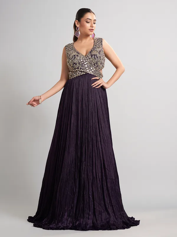 Purple designer floor length silk suit