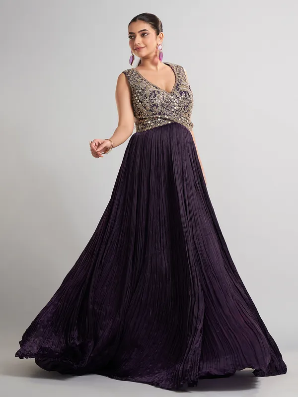Purple designer floor length silk suit
