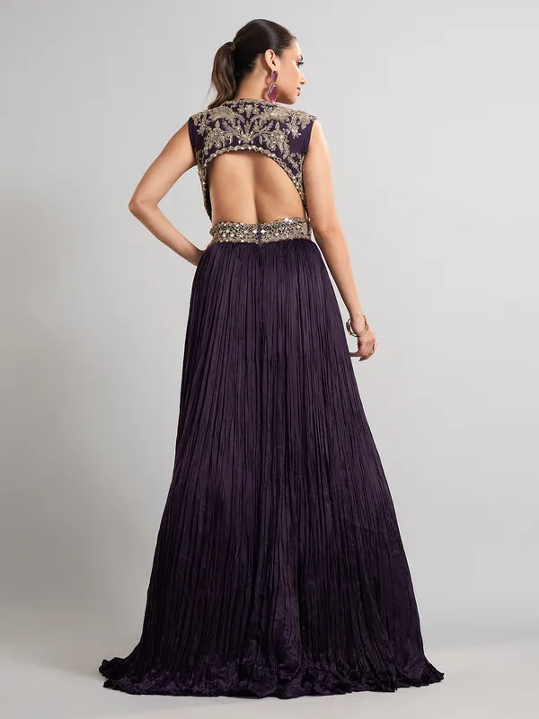 Purple designer floor length silk suit