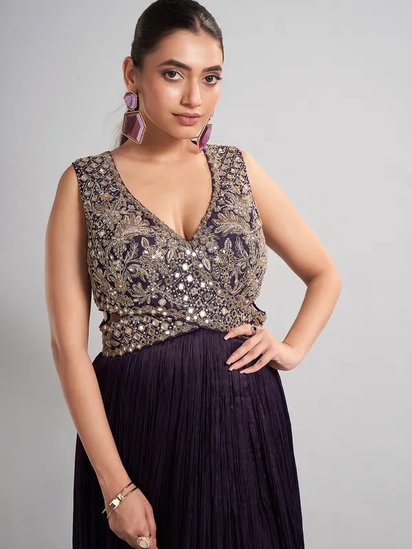 Purple designer floor length silk suit
