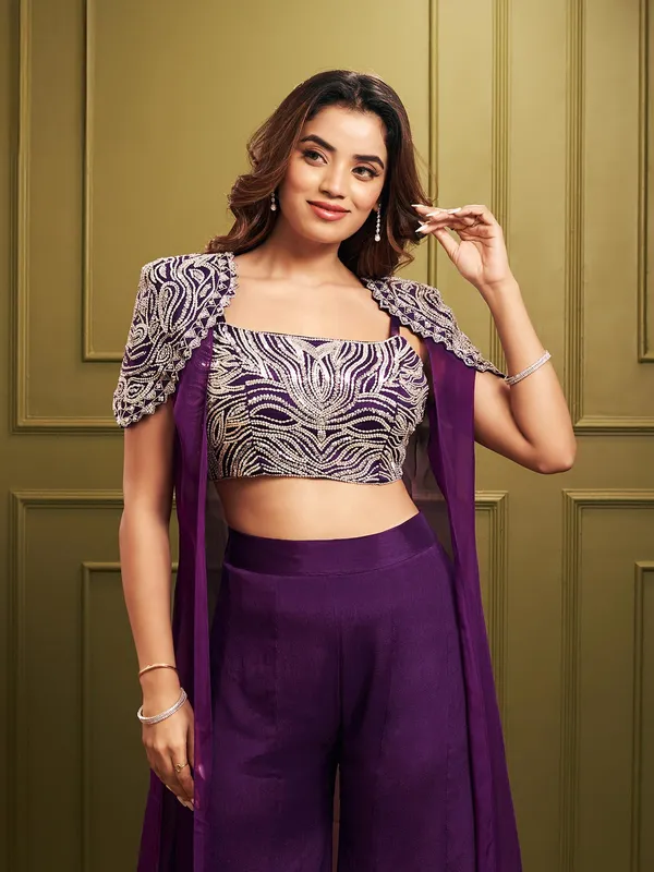 Purple designer palazzo suit in silk